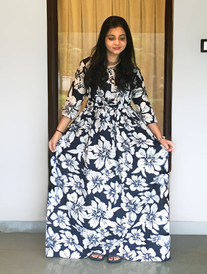 Hibiscus - Navy Blue - Maternity Kurti with Feeding Zips - Cotton Flex - Thicker Fabric