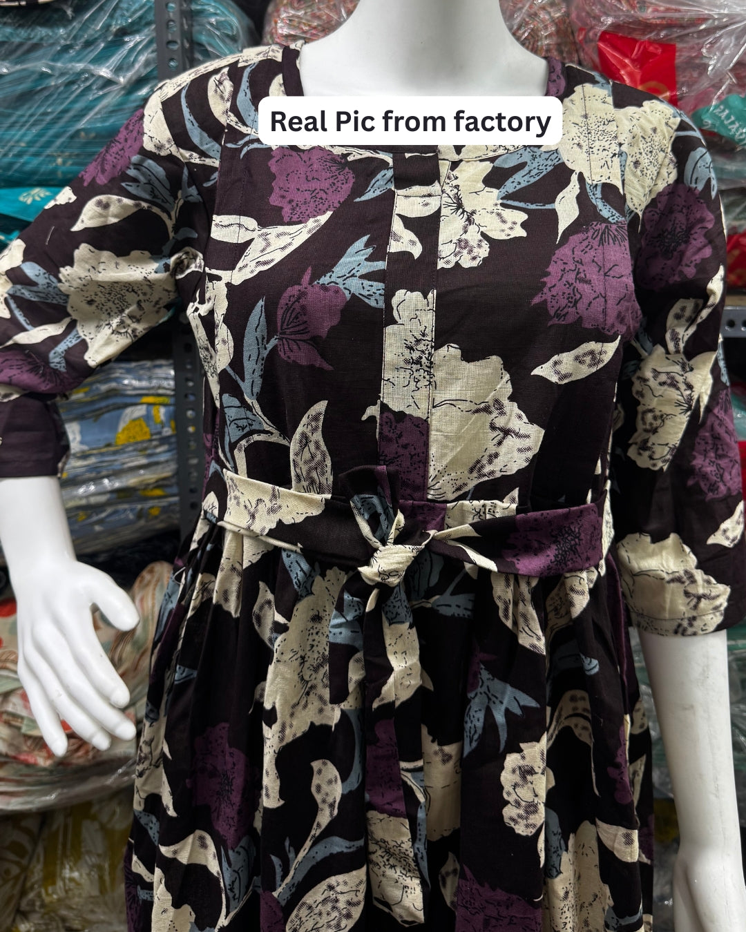 Dark Purple - Mix Flower - Maternity Kurti with Feeding Zips - Cotton Flex - Thicker Fabric