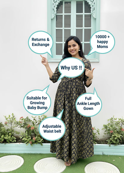 Sunflower - Black & Cream - Maternity Kurti with Feeding Zips - Cotton Flex - Thicker Fabric
