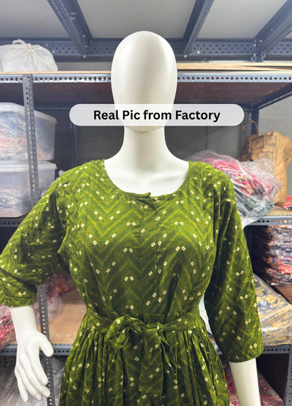 Green ZigZag Bandhani - Maternity Kurti with Feeding Zips - Soft Rayon