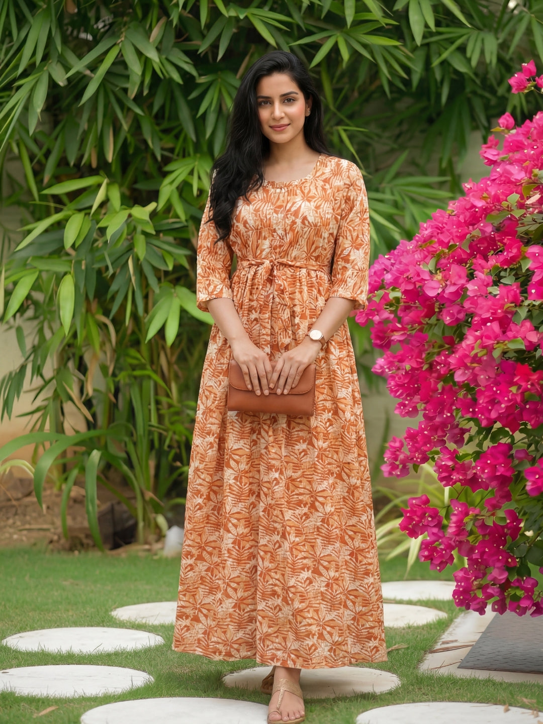 Tropical Orange White Flower - Maternity Kurti with Feeding Zips - Soft Rayon
