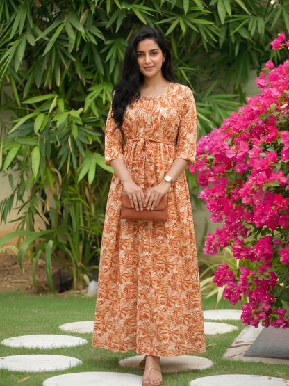 Tropical Orange White Flower - Maternity Kurti with Feeding Zips - Soft Rayon
