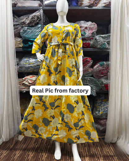 Yellow Mix Flower - Maternity Kurti with Feeding Zips - Cotton Flex - Thicker Fabric