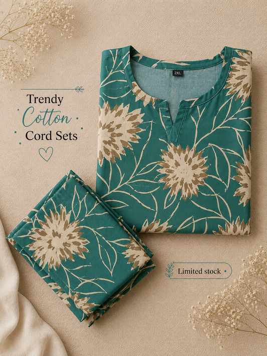 Turquoise Cream Flower - Cord Set - Pure Cotton