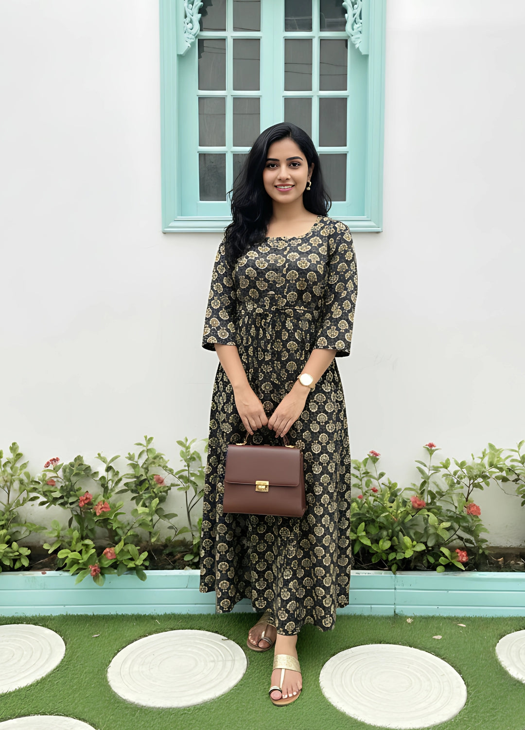 Sunflower - Black & Cream - Maternity Kurti with Feeding Zips - Cotton Flex - Thicker Fabric