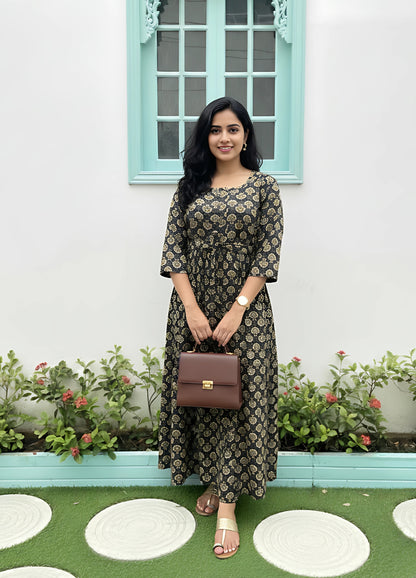 Sunflower - Black & Cream - Maternity Kurti with Feeding Zips - Cotton Flex - Thicker Fabric
