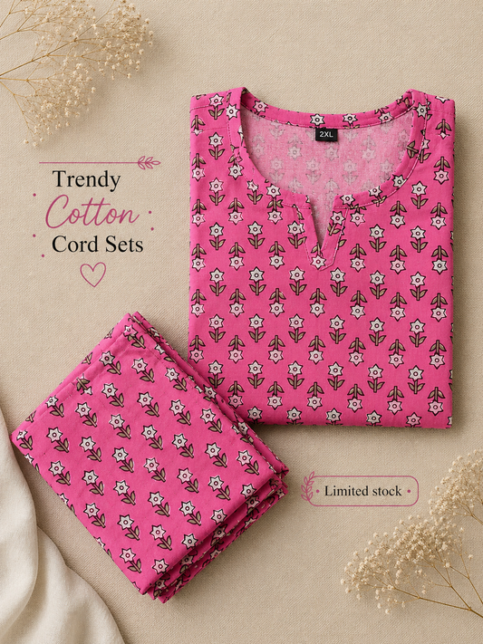 Pink Grey Star Flower - Cord Set - Pure Cotton