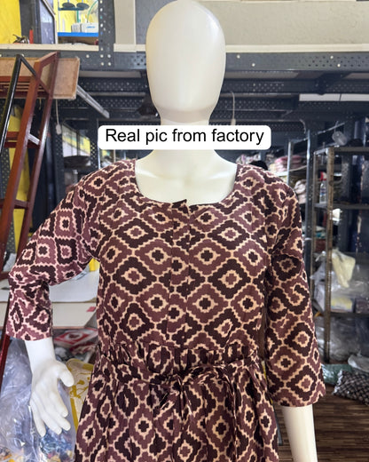 Purple Cream Square - Maternity Kurti with Feeding Zips - Cotton Flex - Thicker Fabric