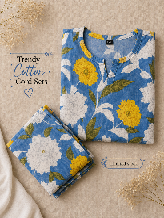 Mix Flower - Sky Blue - Cord Set - Pure Cotton
