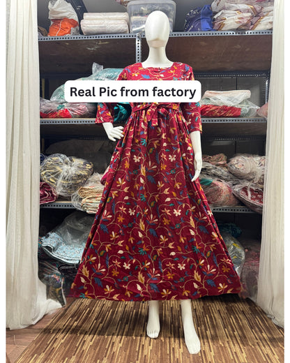 Raani Red Daisy - Maternity Kurti with Feeding Zips - Cotton Flex - Thicker Fabric