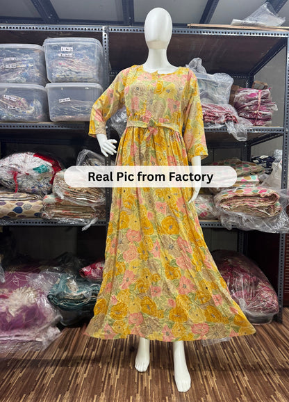 Yellow Pink Rose - Maternity Kurti with Feeding Zips - Soft Rayon