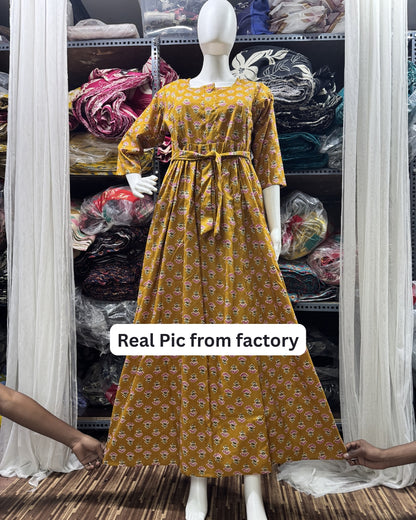 Yellow Pink Flower - Maternity Kurti with Feeding Zips - Soft Rayon