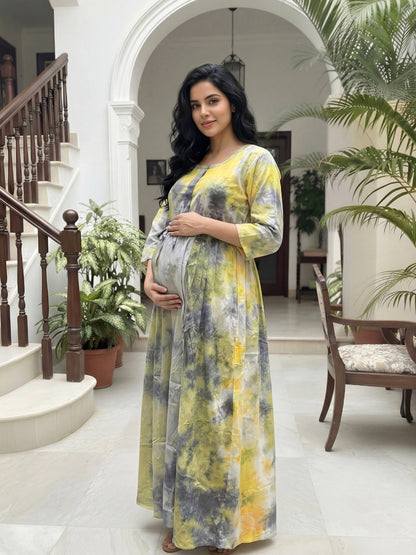 Tye Dye - Grey Green - Maternity Kurti with Feeding Zips - Soft Rayon
