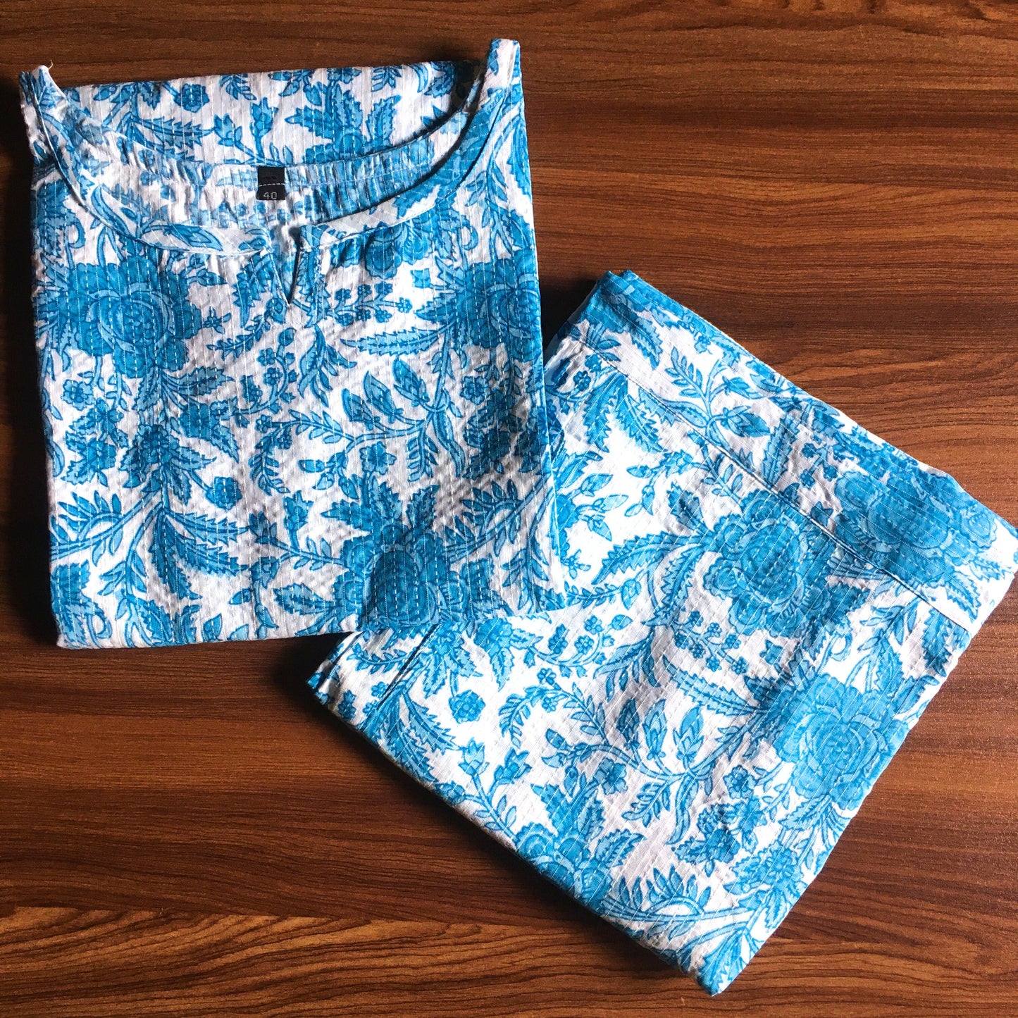 Katha Work - Blue White Flower - Cord Set - Pure Cotton