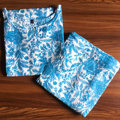 Katha Work - Blue White Flower - Cord Set - Pure Cotton