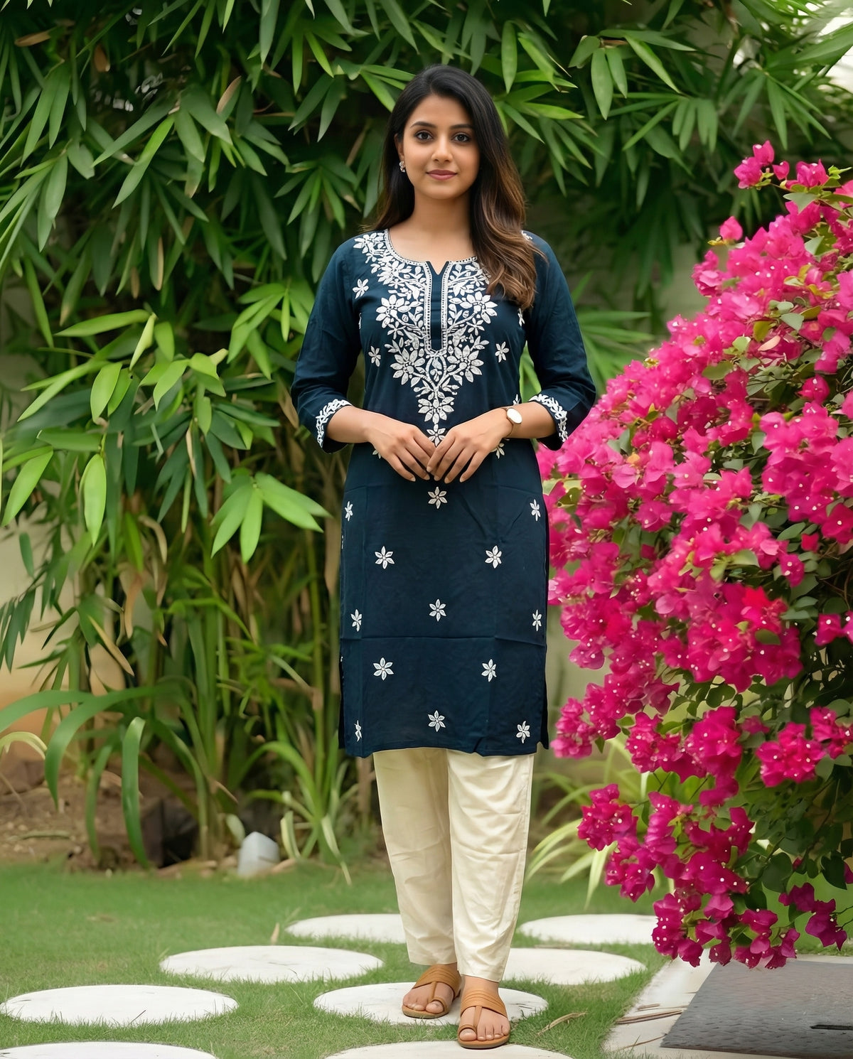 Peacock Blue - Sunflower Embroidery - White Pant - Cord Set