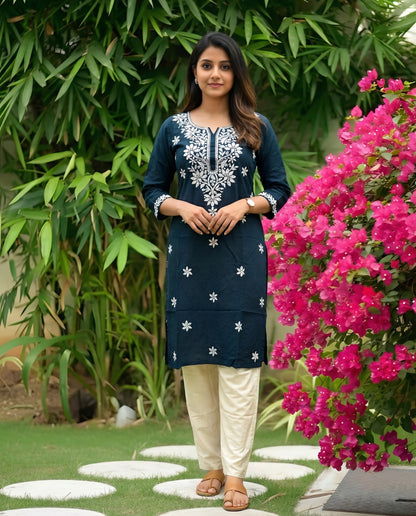 Peacock Blue - Sunflower Embroidery - White Pant - Cord Set