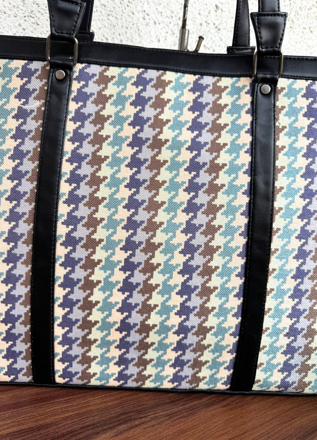 Blue Brown Checks - Office & College Tote Bag with Laptop Compartment