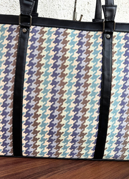 Blue Brown Checks - Office & College Tote Bag with Laptop Compartment