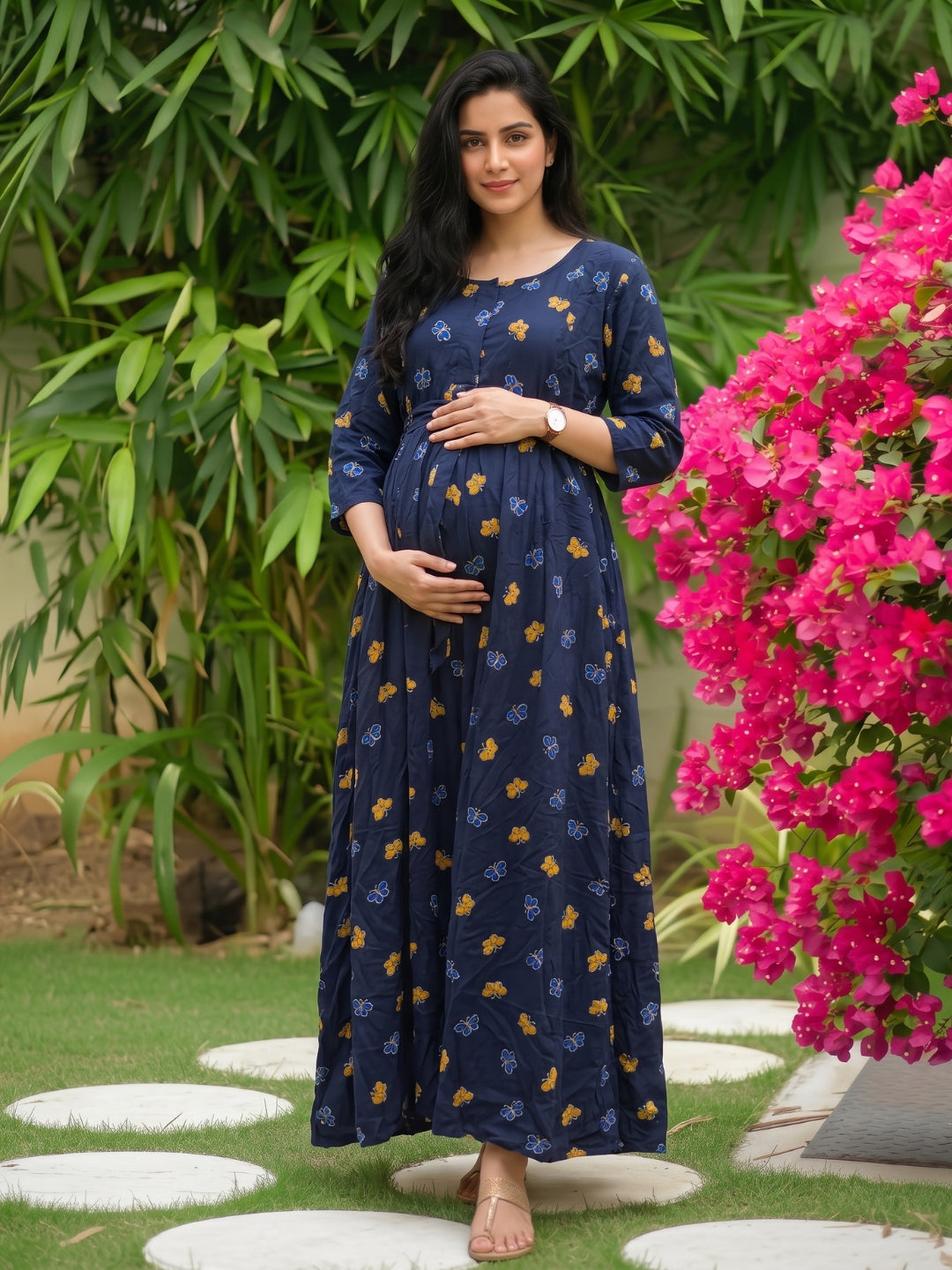 Blue Butterfly - Maternity Dress with Feeding Zips - Soft Rayon