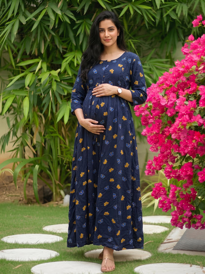 Blue Butterfly - Maternity Dress with Feeding Zips - Soft Rayon