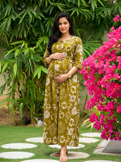 Marigold Mehendi - Maternity Dress with Feeding Zips - Pure Cotton