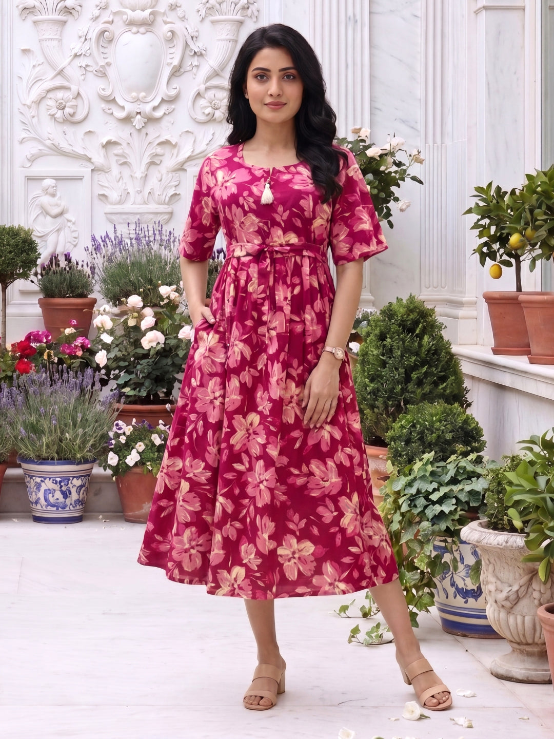 Jasmine Pink - Short Sleeves Midi Dress - Pure Cotton