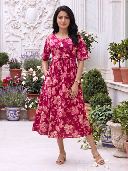 Jasmine Pink - Short Sleeves Midi Dress - Pure Cotton