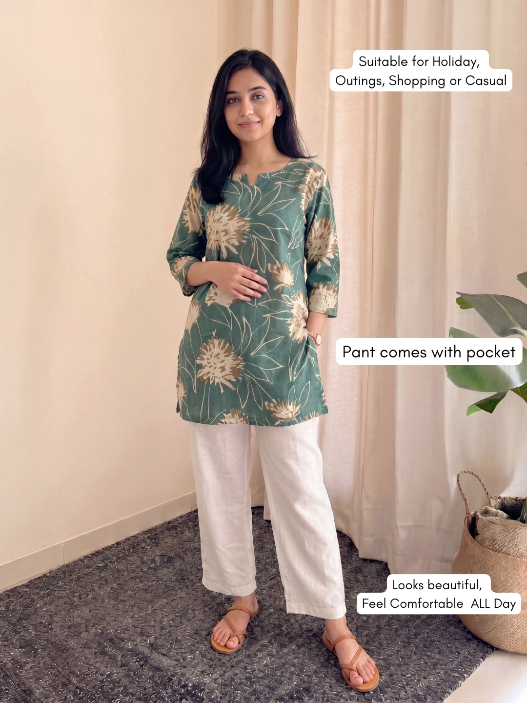 Turquoise Cream with White Pant - Cord Set  - Pure Cotton