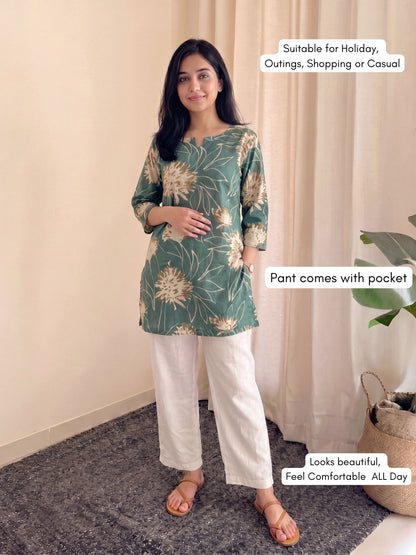 Turquoise Cream with White Pant - Cord Set  - Pure Cotton