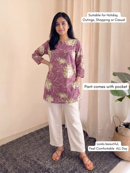 PInk Cream- Cord Set with White Pant - Pure Cotton
