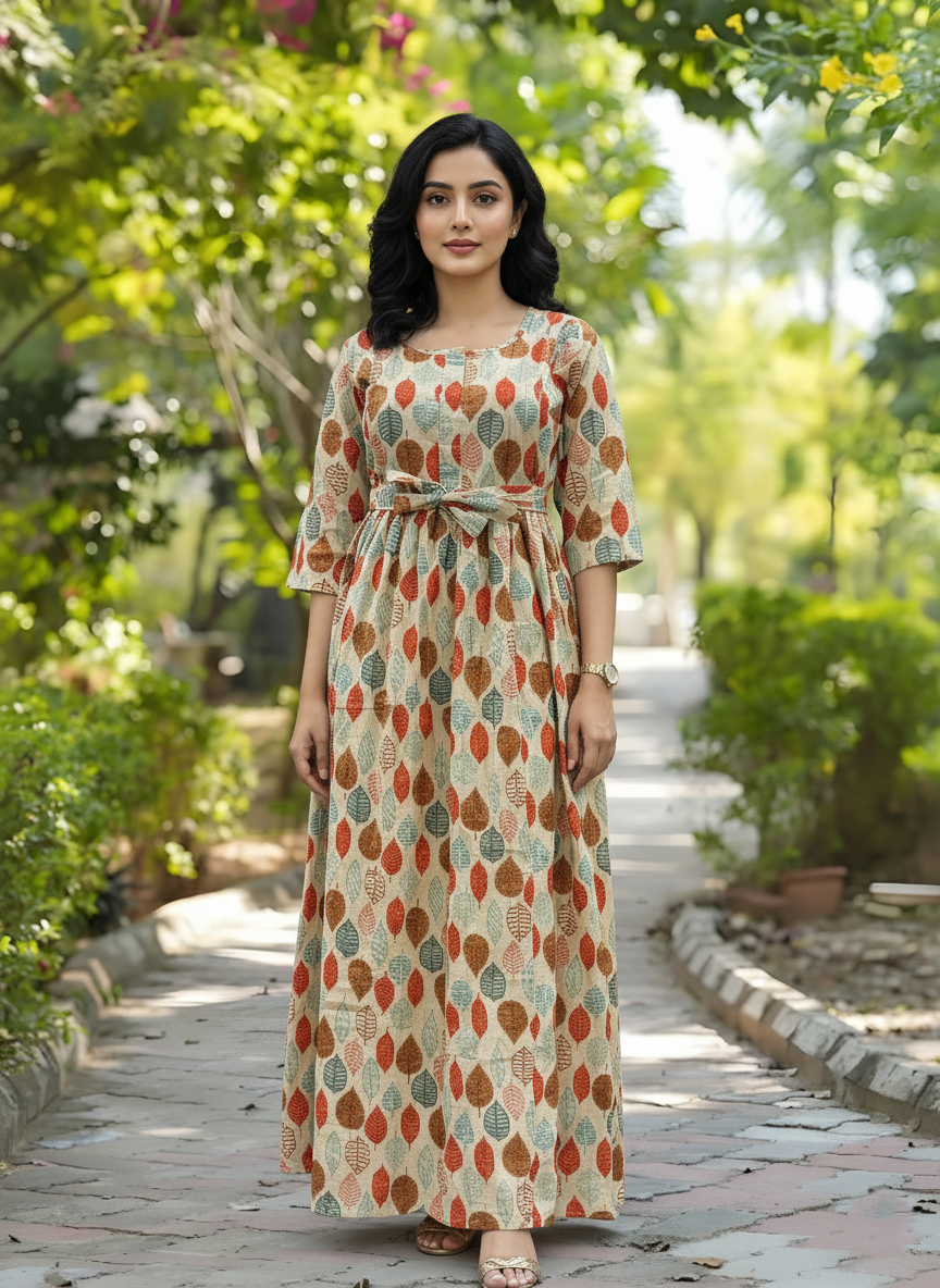 Orange & Sea Green Petals - Maternity Kurti with Feeding Zips - Cotton Flex - Thicker Fabric