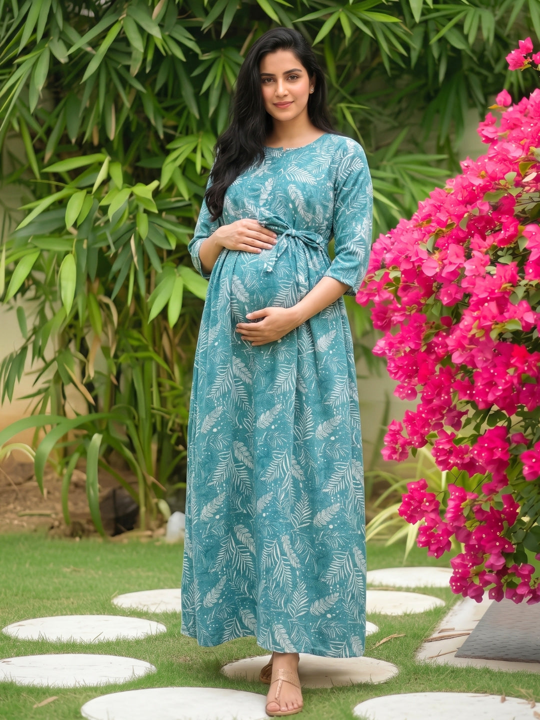 Tropical Forrest - Turqoiuse - Maternity Dress with Feeding Zips - Soft Rayon
