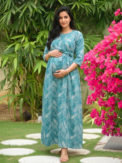 Tropical Forrest - Turqoiuse - Maternity Dress with Feeding Zips - Soft Rayon