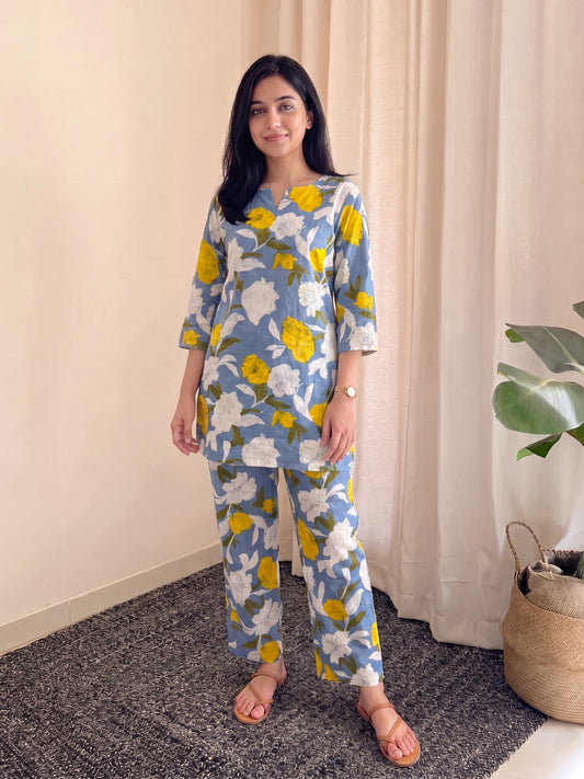 Mix Flower - Sky Blue - Cord Set - Pure Cotton
