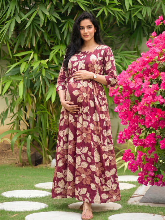 Pastel Maroon - Maternity Dress with Feeding Zips - Soft Rayon