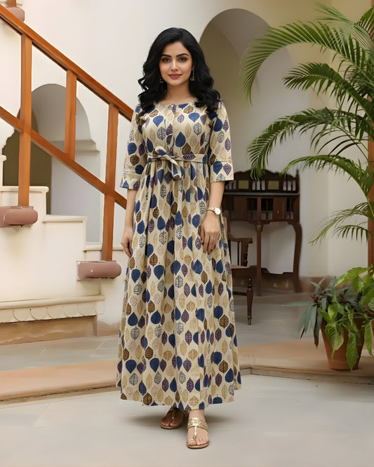 Blue Brown Petals - Maternity Kurti with Feeding Zips - Cotton Flex - Thicker Fabric