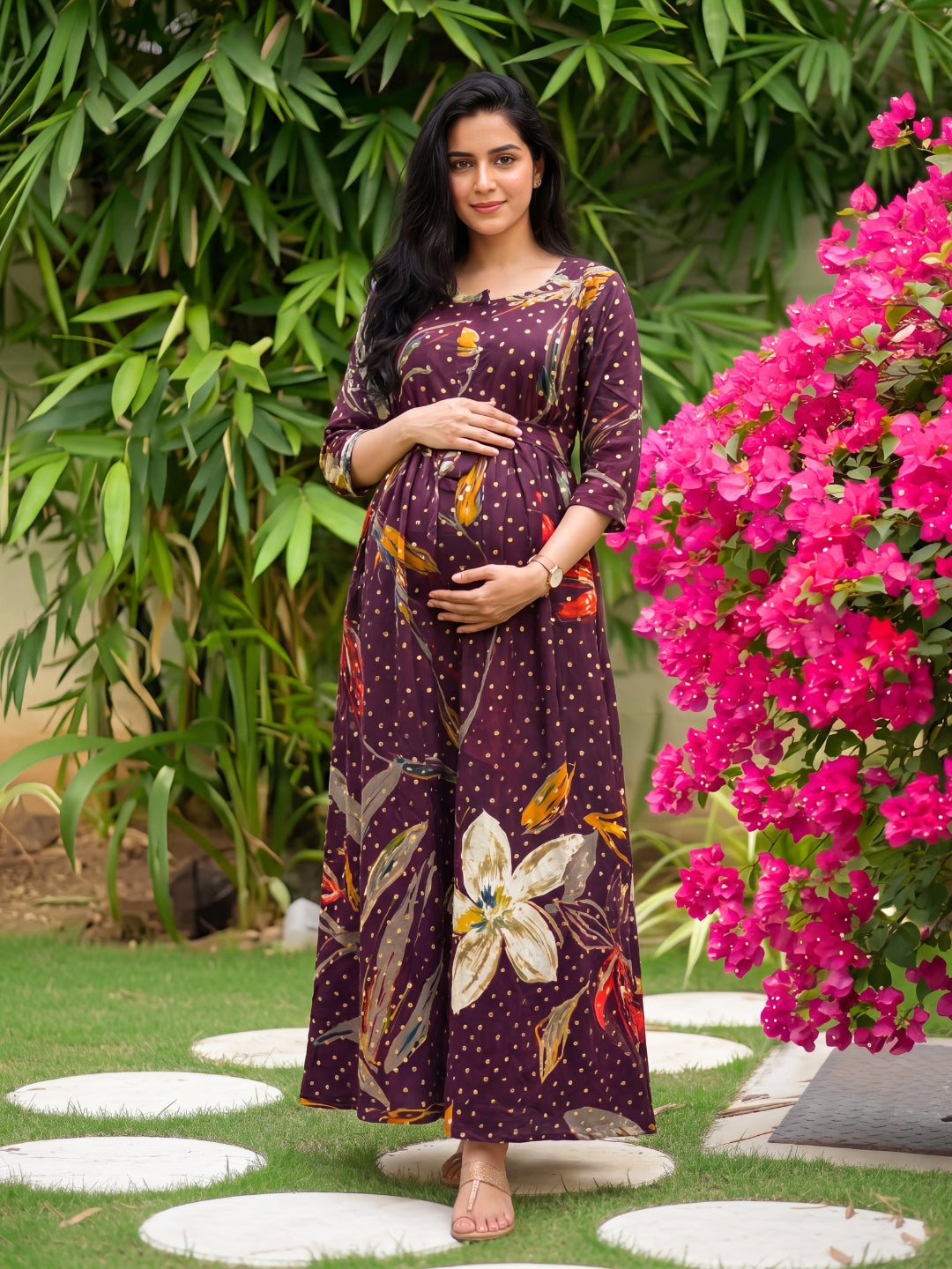 Nerium Flower - Purple - Maternity Kurti with Feeding Zips - Soft Rayon