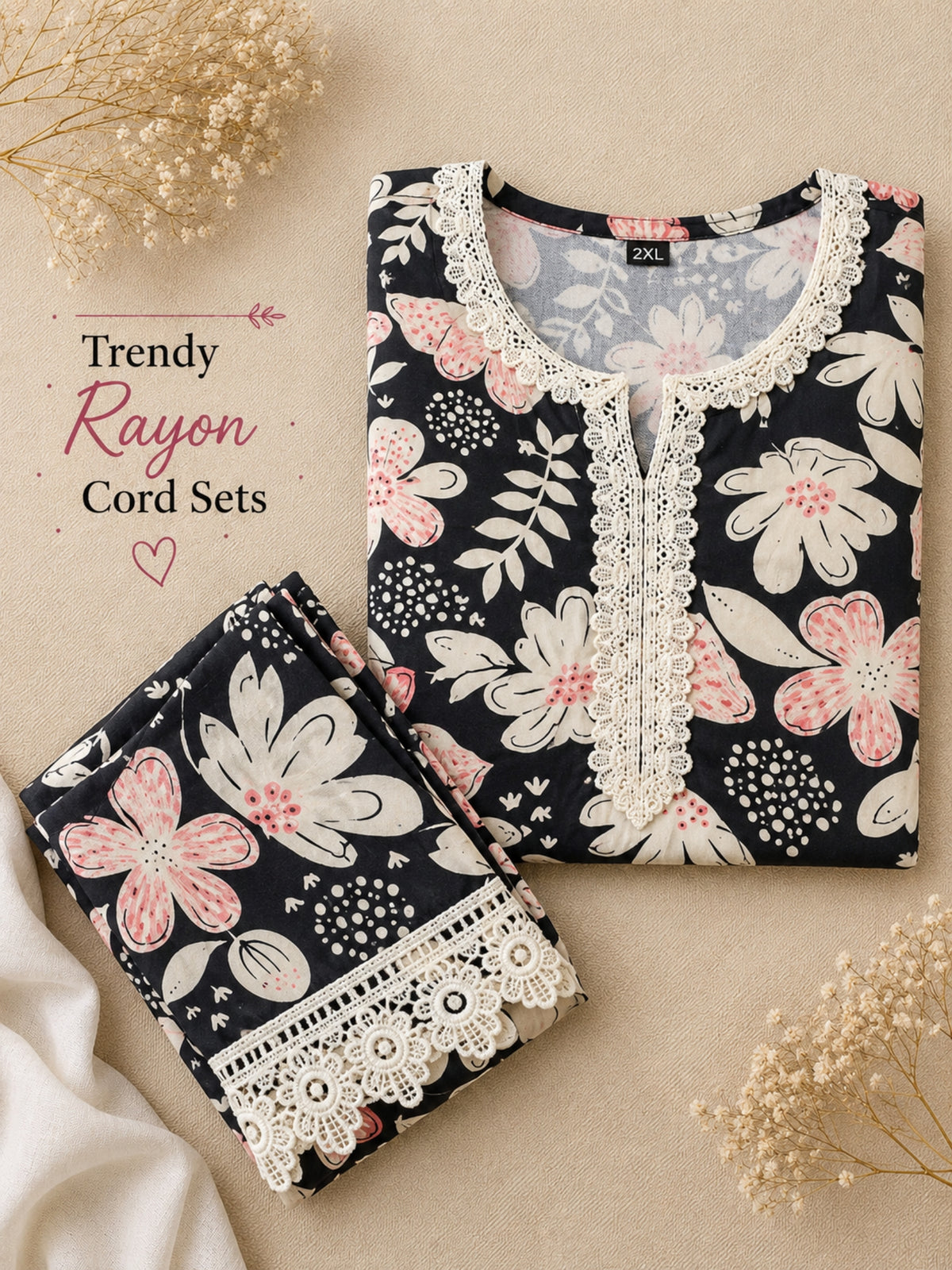 Lace Work - Black - Cord Set - Soft Rayon
