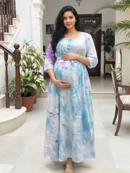 Tye Dye - Sky Blue Purple - Maternity Kurti with Feeding Zips - Soft Rayon