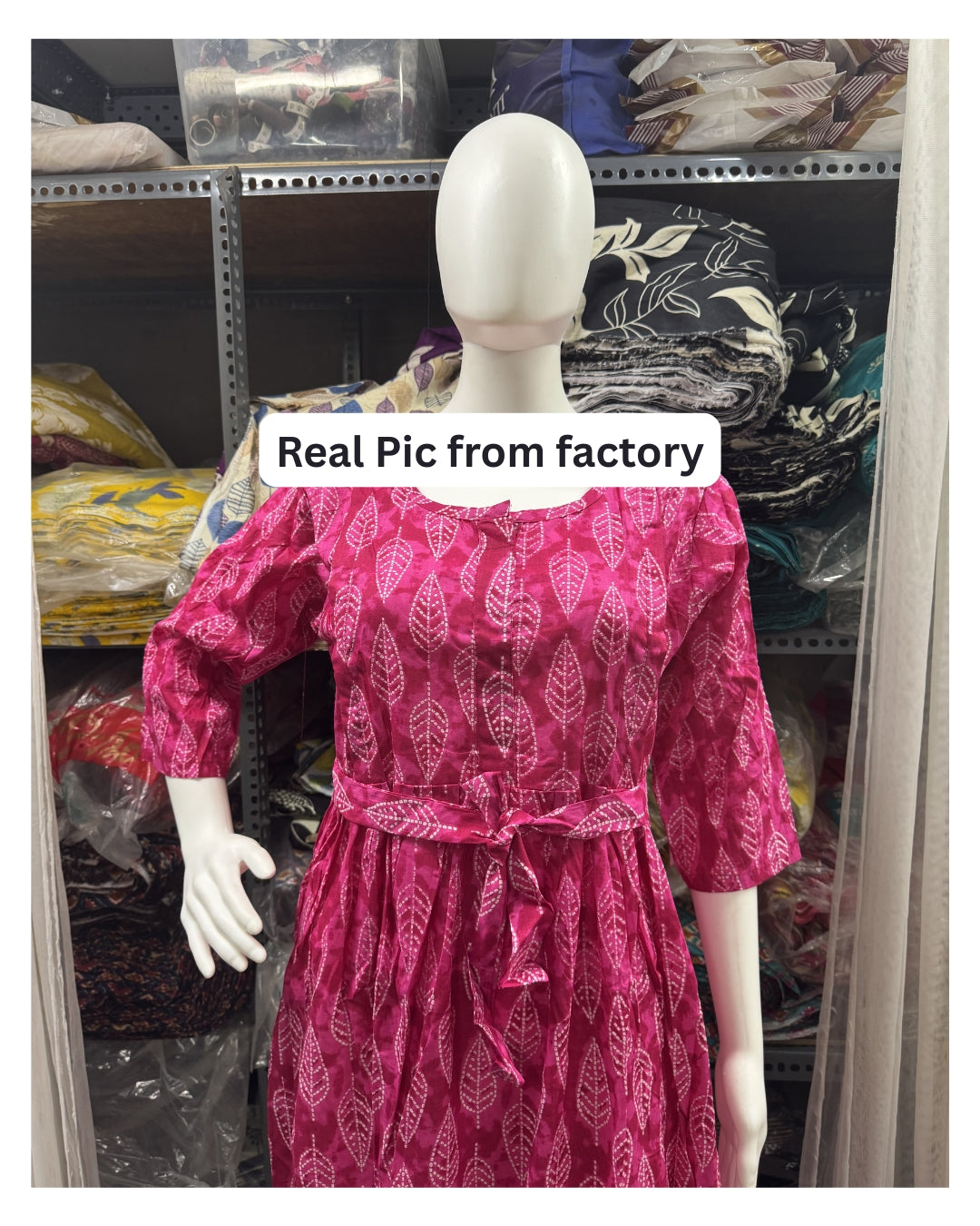 Pink White Leaves - Maternity Kurti with Feeding Zips - Cambric Cotton