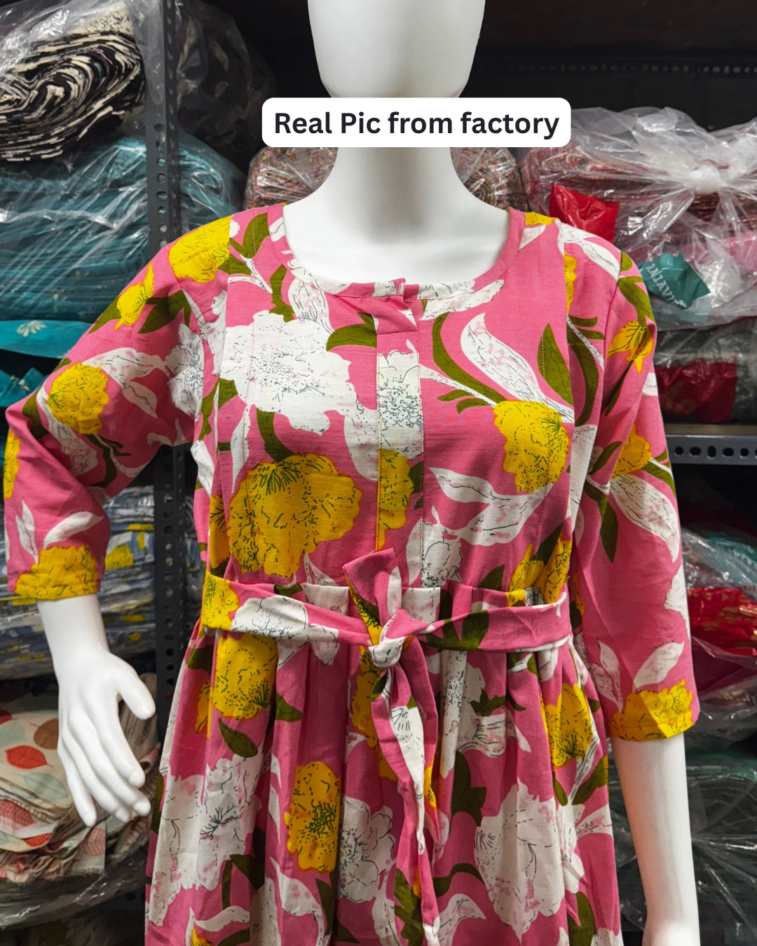 Baby Pink - Mix Flower - Maternity Kurti with Feeding Zips - Cotton Flex - Thicker Fabric