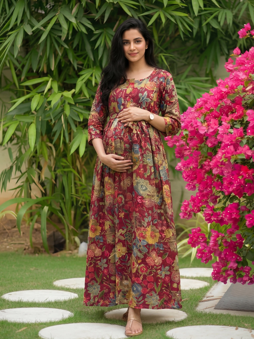 Maroon Grey Flower - Maternity Kurti with Feeding Zips - Soft Rayon