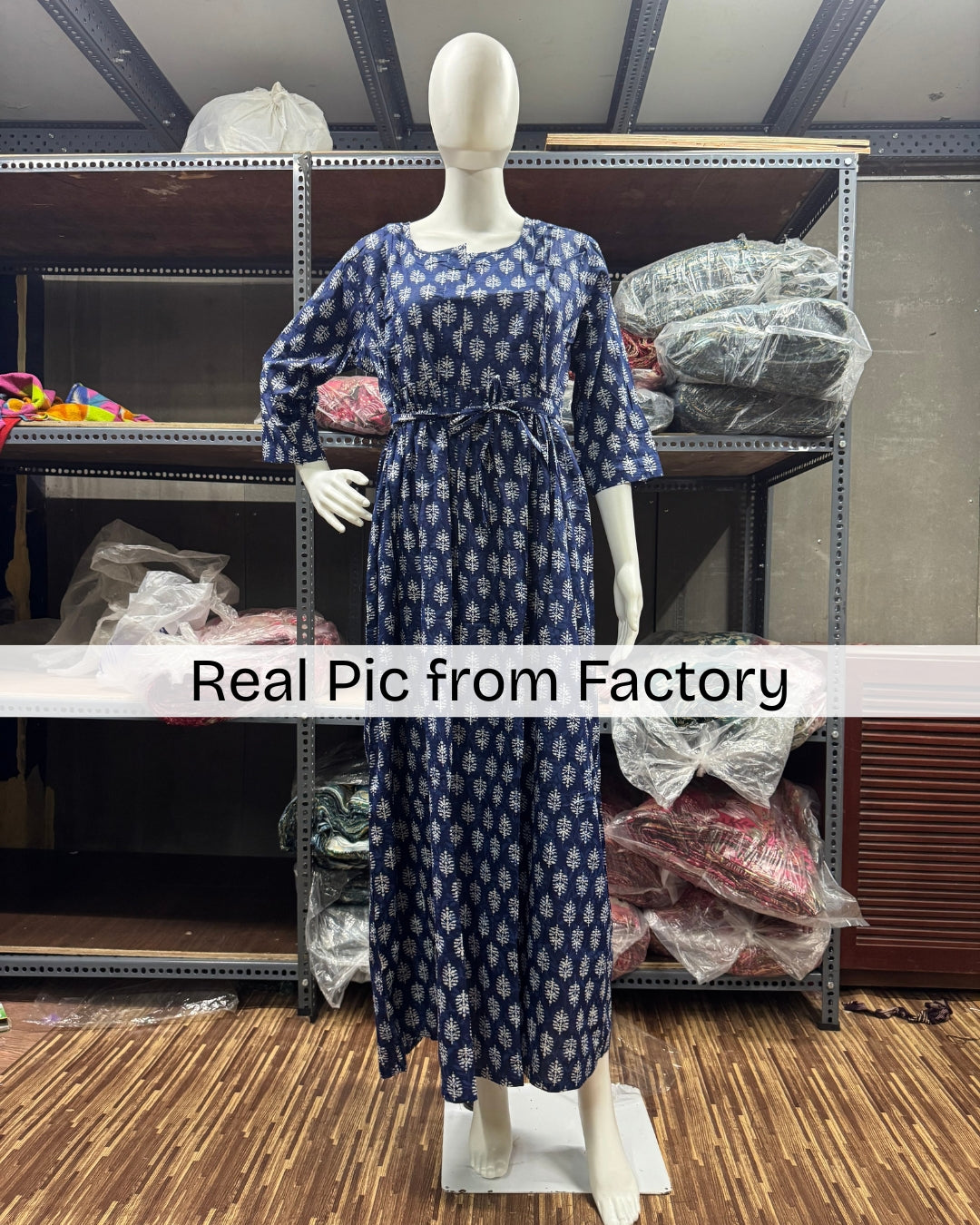 Blue Flower - Maternity Kurti with Feeding Zips - Cambric Cotton