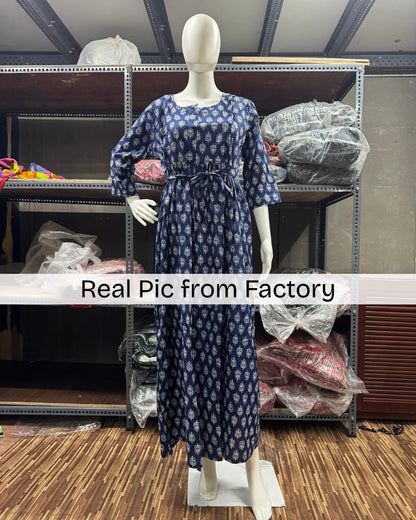Blue Flower - Maternity Kurti with Feeding Zips - Cambric Cotton