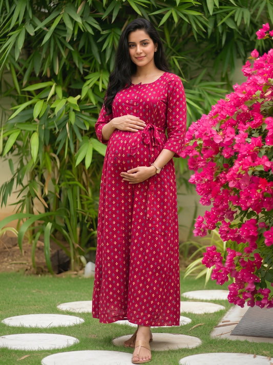Kairavi - Pink - Maternity Dress with Feeding Zips - Soft Rayon