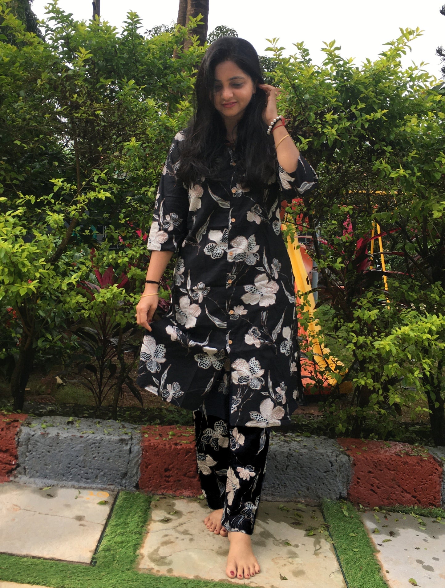 Knee Length- Flower & Leafs - Black - Cord Sets - Pure Cotton