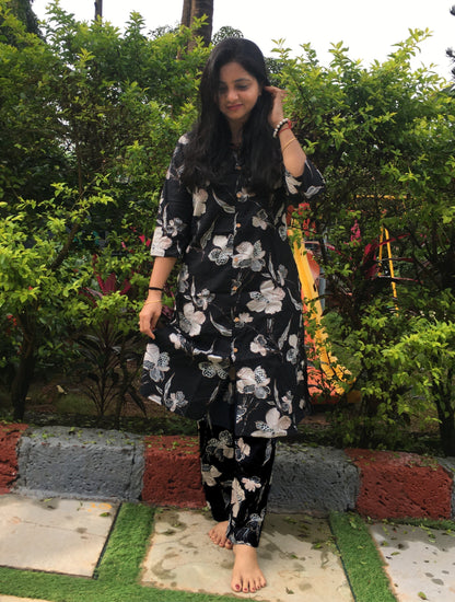 Knee Length- Flower & Leafs - Black - Cord Sets - Pure Cotton