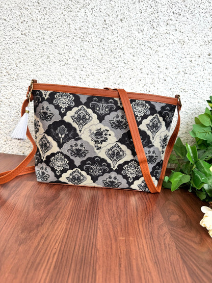 Minsk - 3 zip- Big size - Sling Bag - Royal Black Grey Flower