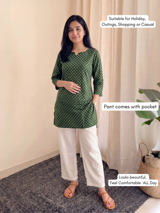 Green Dot Bandhani - Cord Set with White Pant - Pure Cotton